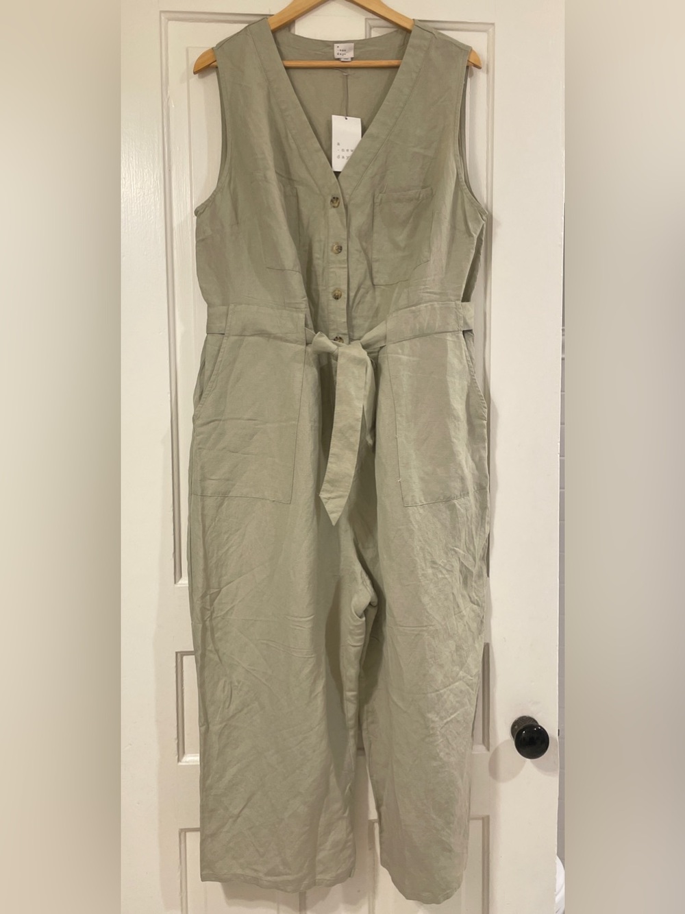 A New Day Linen-Blend Khaki Button-Front Sleeveless Wide-Leg Jumpsuit - 1X